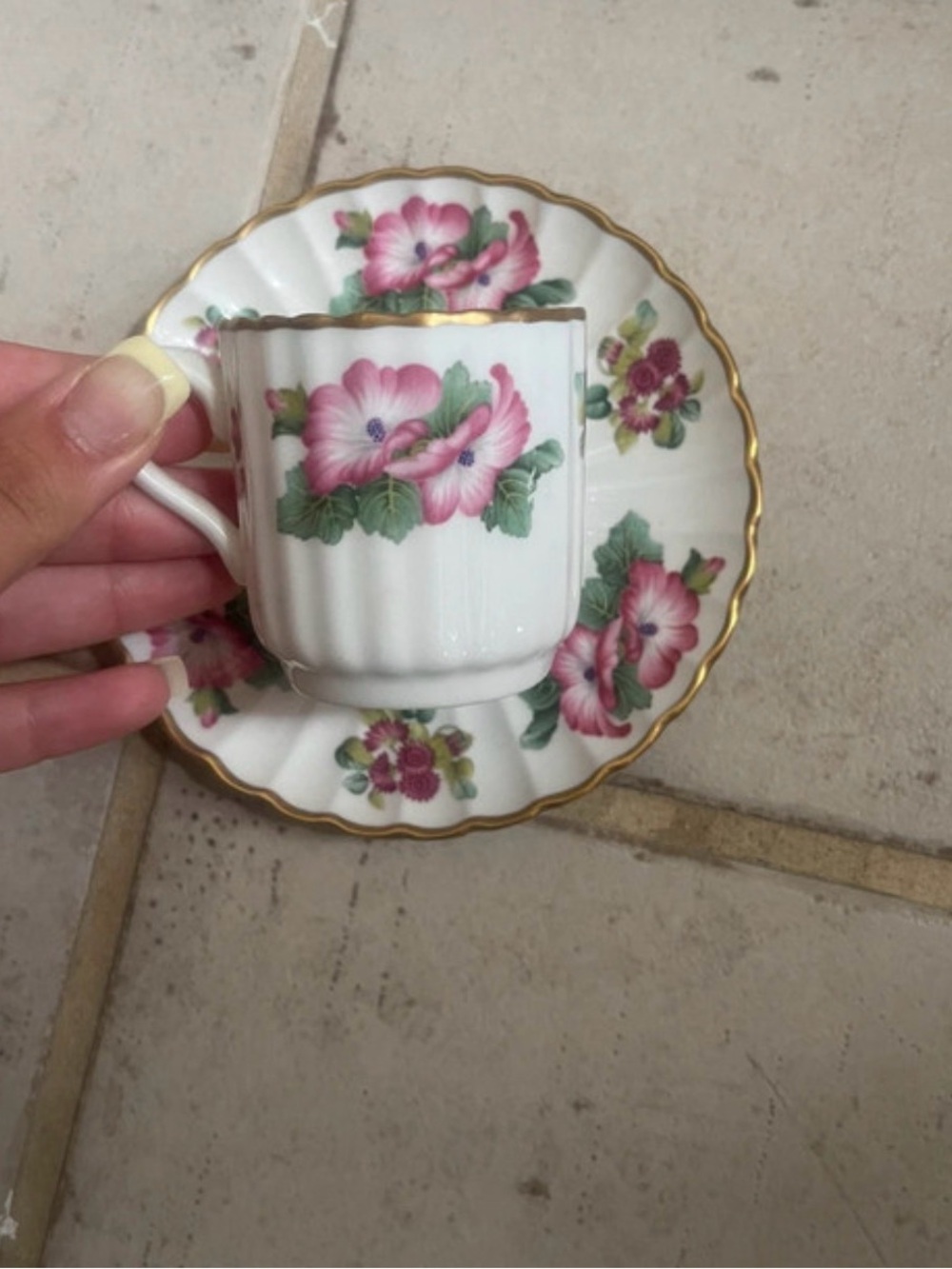 Spode Pink Floral Gold Rim Teacup and Saucer